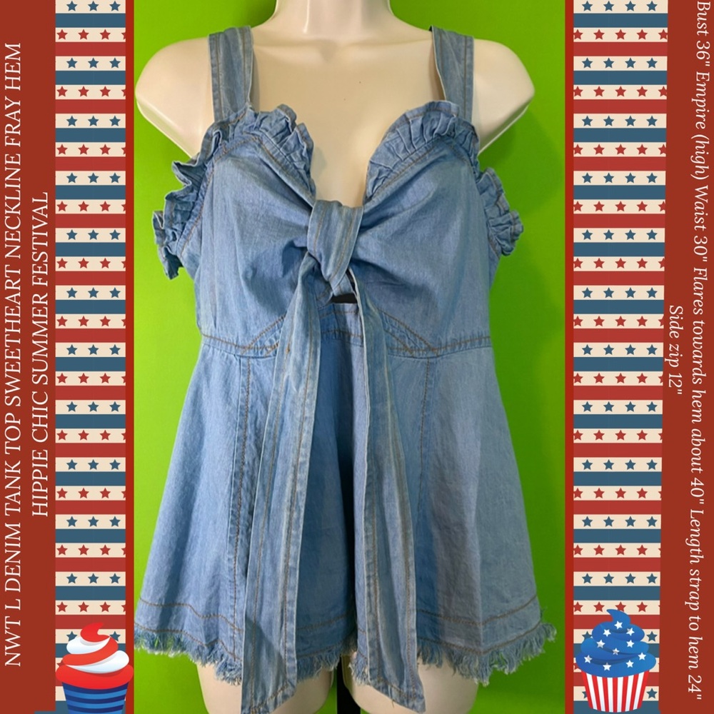 NWT L DENIM TANK TOP SWEETHEART NECKLINE W/FRAY HEM WESTERN COWGIRL COASTAL